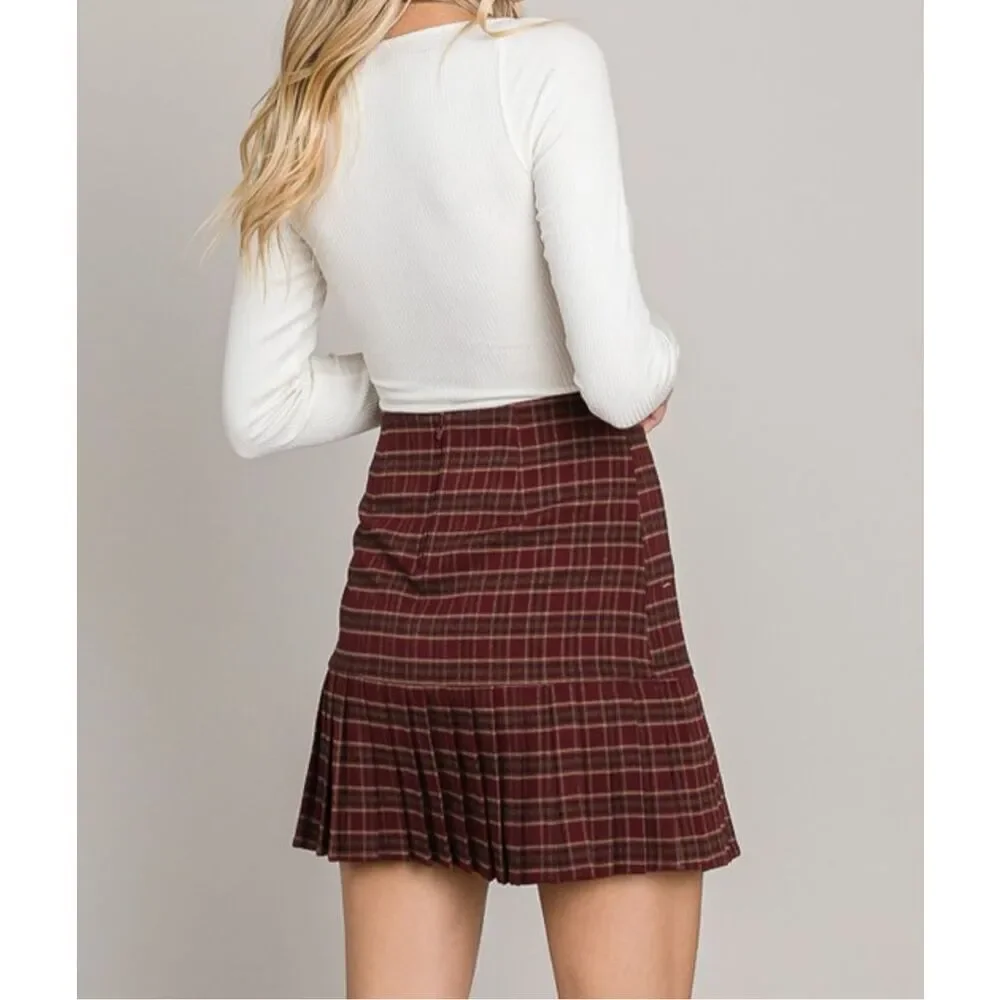 Burgundy Twill Check Tiered Pleated Skirt